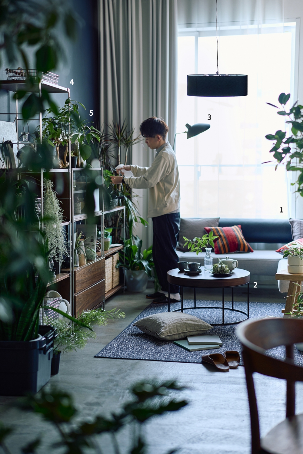 1.ソファ、2.ローテーブル、3.フロアランプ(いずれもIDÉE) 、4.ユニットシェルフ・大・ウォールナット材、5.植物(いずれも無印良品)