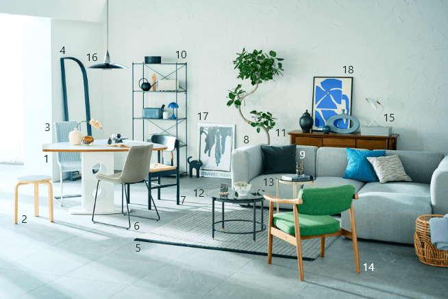 1.サイドボード、2.フロアライト、3.ソファ、4.シェルフ、5.ペンダントライト、6.ラグ、7.オットマン、8.チェア、9.チェア、10.ローテーブル、11.テーブルライト、12.ダイニングテーブル、13.チェア