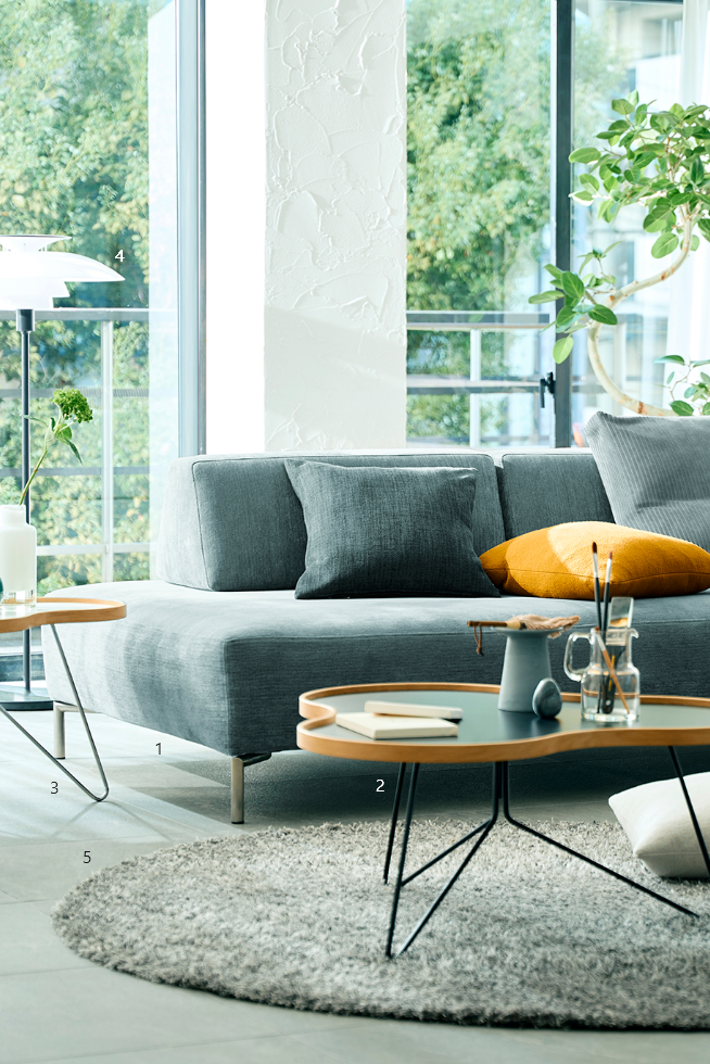 1.ソファ、2.ローテーブルM、3.ローテーブルS、4.フロアライト、5.ラグ