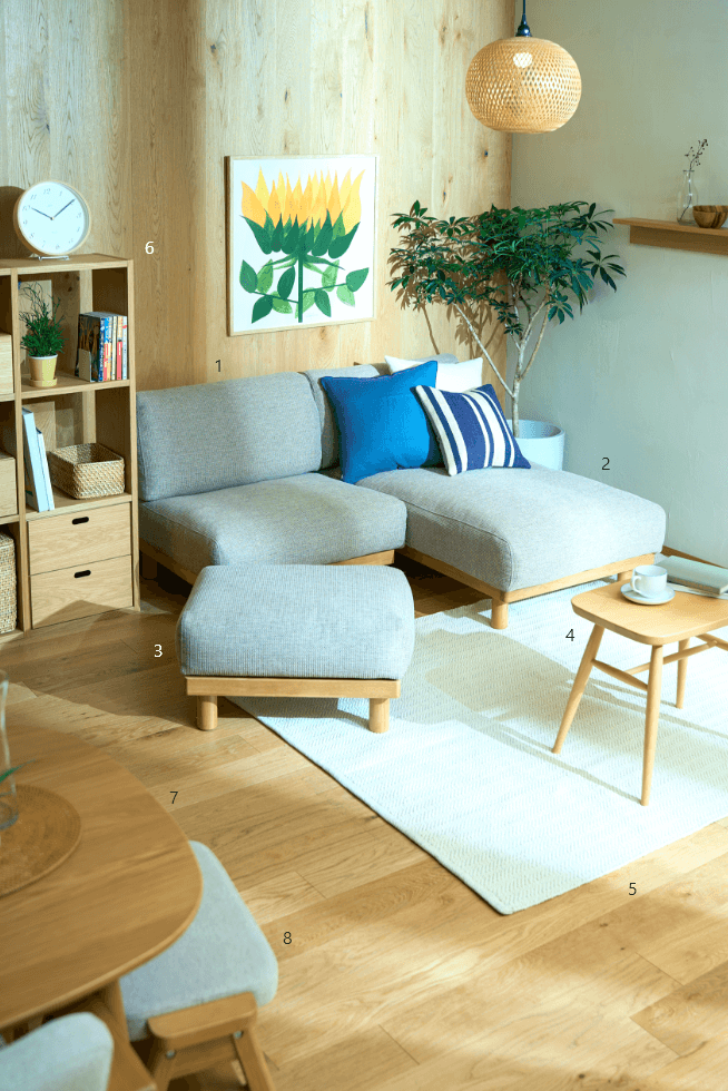 1.ソファ、2.カウチ、3.オットマン、4.スツール、5.ラグ、6.シェルフ、7.テーブル、8.スタッキングスツール