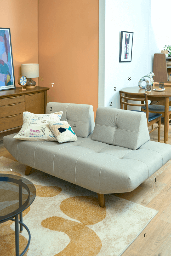 1.ソファ、2.バッククッション、3.クッションカバー、4.クッション、5.ローテーブル、6.ラグ、7.サイドボード、8.テーブル、9.チェア