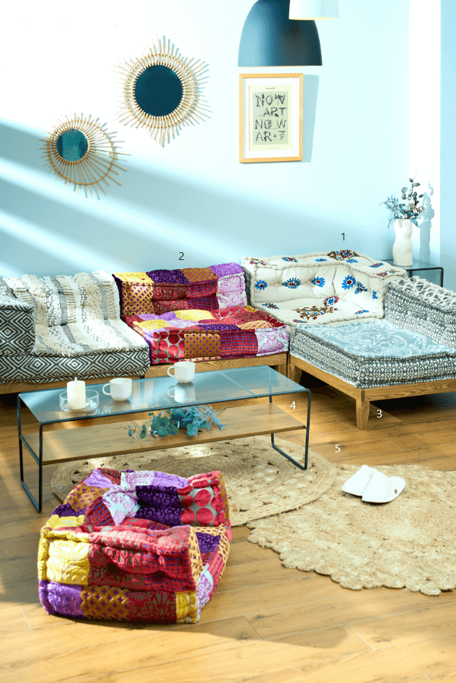 1.コーナーソファ、2.センターソファ、3.ウッドベースI、4.ローテーブル、5.ラグ