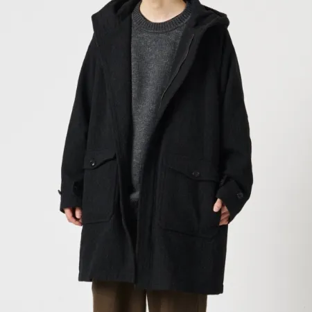 杢ウールコットンリネンフーデッドコート