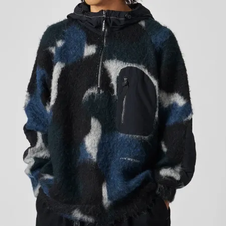 mix color shaggy knit hoodie